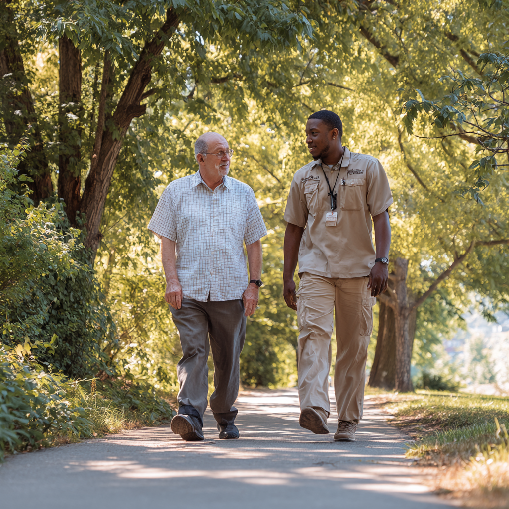 Peer support specialist walking with client outdoors