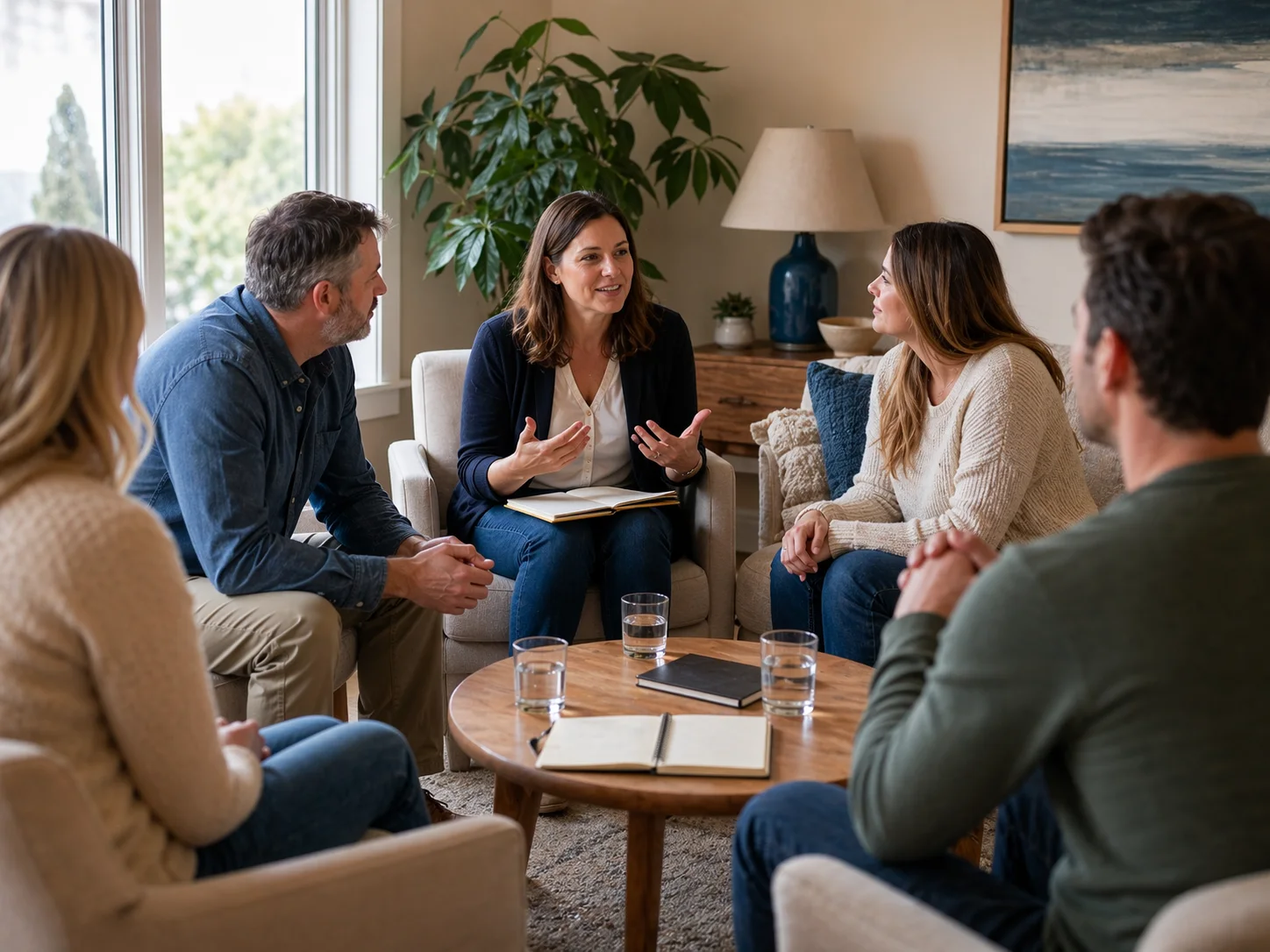 Adult children meeting with a facilitator to plan support for an aging parent