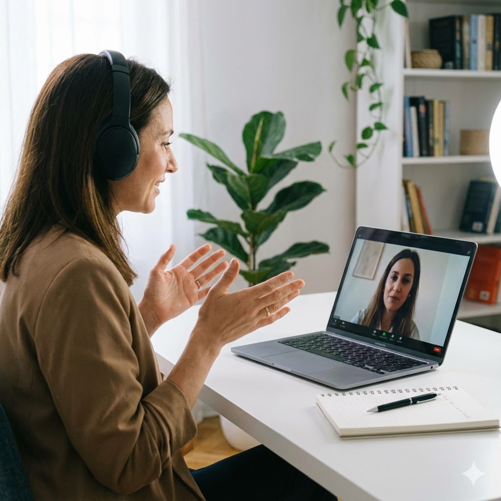 Life coach on video call with client