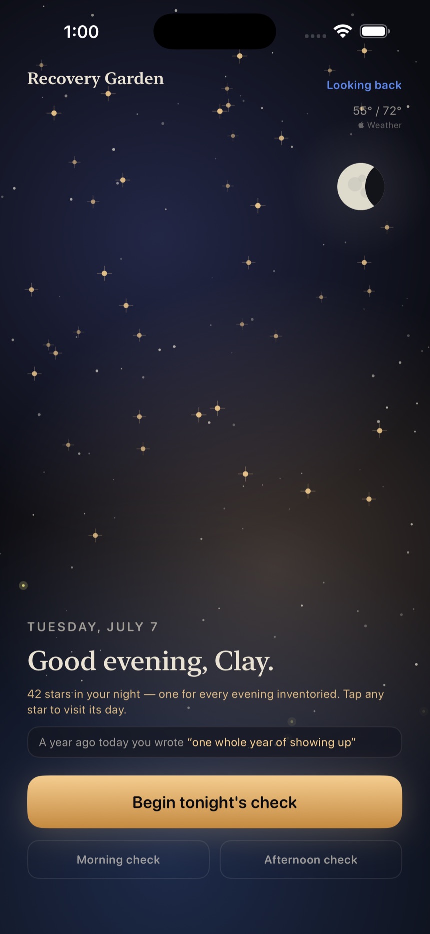 The night sky in Recovery Garden, scattered with stars and a real moon